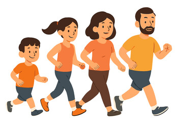 Happy family running together vector illustration. Parents with children jogging. Active healthy lifestyle concept. Father, mother, son, daughter exercising. Sport fitness cartoon.