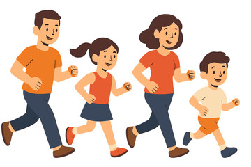 Happy family running together. Active parents with children jogging. Healthy lifestyle concept with father, mother, son, daughter exercising. Sport activity. Flat cartoon vector.