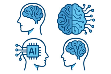 Artificial intelligence vector icon set. Human head silhouette with digital brain, circuit board and AI processor chip. Machine learning, technology, and mind concept.
