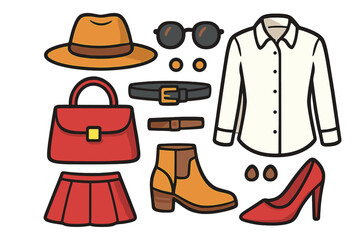 Woman fashion clothes accessories set. Vector cartoon collection of female stylish outfit. Look with shirt, skirt, hat, bag, shoes, boots, belt, sunglasses. Wardrobe items.