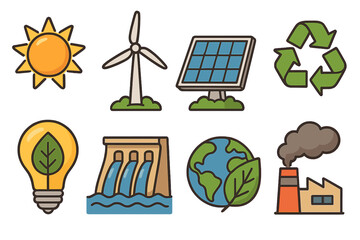 Renewable energy icon set. Solar panel, wind turbine, hydro power. Green energy and ecology. Environmental sustainability vs pollution. Vector cartoon illustration collection.