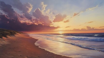 Serene Sunset Beach: A Coastal Painting of Warm Hues and Gentle Waves
