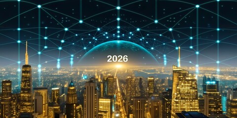 Naklejka premium Futuristic 2026 Cityscape with Digital Network Dome