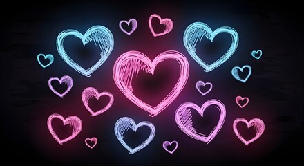Neon hearts glowing on black background