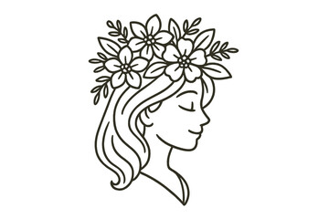 Woman face profile with flower wreath logo. Hand drawn feminine line art. Beauty, spa, salon, cosmetics icon. Natural, organic, eco concept. Health and wellness symbol.