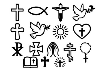 Christian religious symbols collection. Vector icon set of cross, crucifix, dove, and fish. Faith, prayer, and spirit concept. Holy Bible, rosary, and Chi-Rho icons.