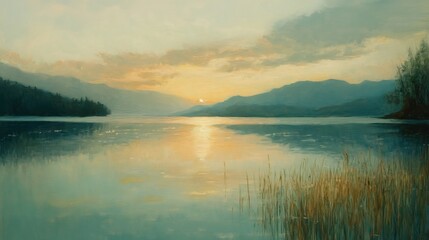 Obraz premium Serene Sunset Lake: Peaceful Landscape Painting in Soft Hues