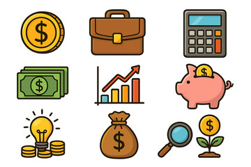 Finance and business icon set for investment and money management. Vector cartoon collection with concepts of savings, growth, profit, banking and economic analysis.