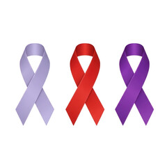 Collection of awareness ribbons in different colors representing various causes and showing support for health issues isolated on transparent background