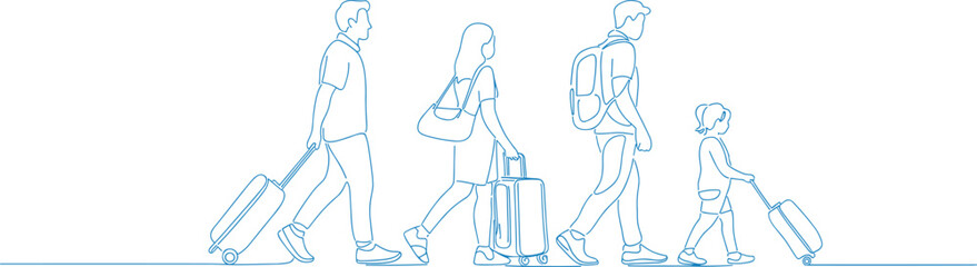 Continuous line art of family walking with luggage, travel concept, vacation trip, airport journey, togetherness, adventure, parents and children, travel preparation, tourism, holiday time
