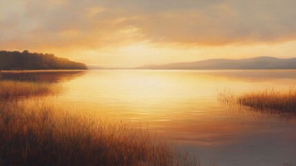 Obraz premium Golden Sunset Lake: Serene Landscape Painting