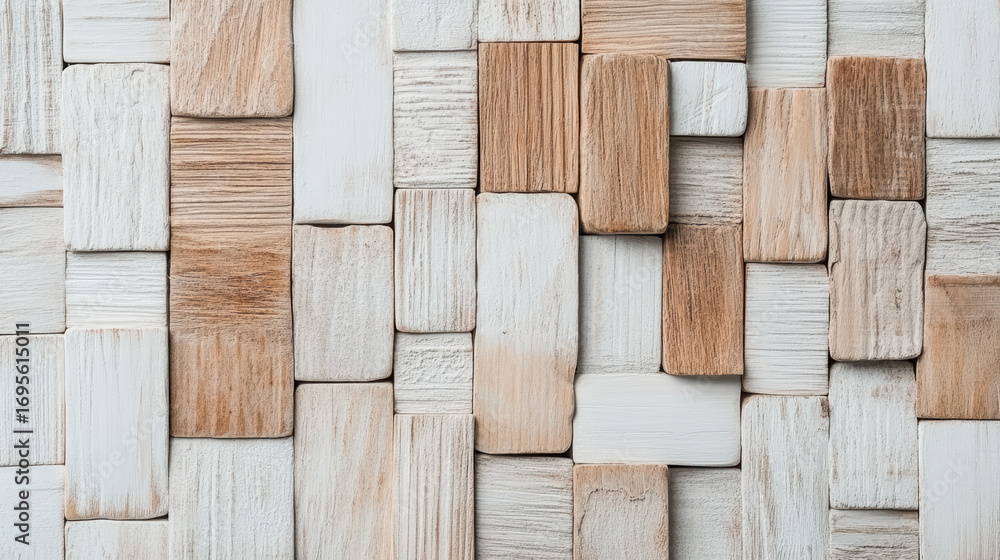 Poster textured wooden blocks in various shades of white and brown create visually appealing pattern