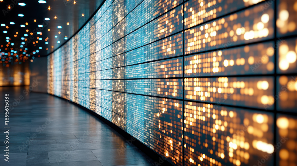 Poster vibrant digital display installation with illuminated patterns and colors creating dynamic