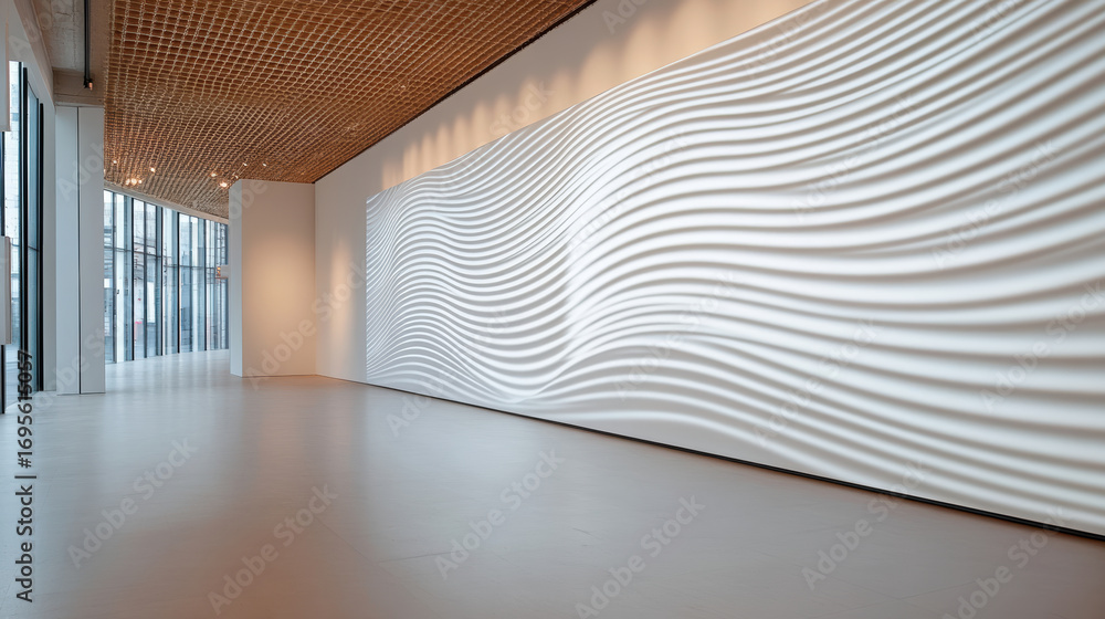 Poster wavy light patterns create serene atmosphere in modern gallery space