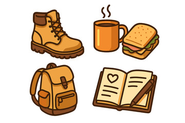 Hiking essentials vector icon set. Outdoor adventure gear illustration. Includes boot, backpack, coffee, sandwich, and journal. Flat cartoon style for travel and camping concepts.