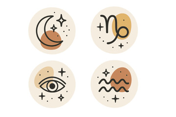 Obraz premium Boho astrology icon set with Capricorn and Aquarius zodiac signs. Mystical celestial symbols, moon, stars, and evil eye for social media highlights. Abstract esoteric line art.