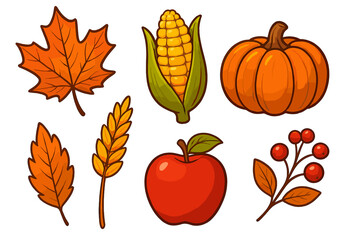 Autumn harvest vector icon set. Fall season clipart collection with pumpkin, apple, corn, wheat, and maple leaf. Thanksgiving food and nature elements illustration.