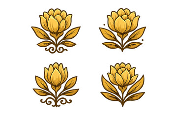 Golden lotus flower logo set. Elegant magnolia floral emblem collection. Luxury beauty spa symbol. Ornate botanical vector illustration for wellness and yoga branding icon.