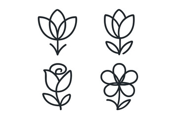 Set of four flower line icons. Minimalist floral collection. Rose, tulip symbols for logo design. Modern nature plant outline vector illustration. Simple bloom blossom graphics.