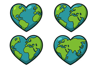Love planet Earth concept. Heart shaped globe icon set. World map in a love symbol. Vector illustration for Earth Day, environment protection, ecology, and nature conservation.