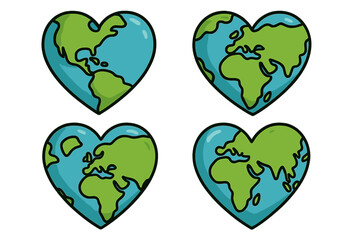 Heart shaped earth planet globes. Love our world concept. Eco friendly campaign for environment care and awareness. Vector cartoon illustration icon set for Earth Day celebration.