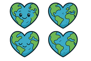Set of Earth globes in heart shape. Love the planet concept. World Environment Day symbol. Cute kawaii Earth with face. Eco-friendly vector cartoon illustration collection.