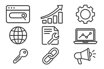 SEO icon set in thin line style. Search engine optimization concept. Web marketing, analytics, keyword research, link building, traffic growth vector illustrations. Isolated on white.