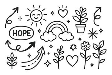 Hope and positivity doodle set. Vector line art collection with inspirational elements like rainbow, sun, arrows, and plants. Motivational cartoon illustration for mental health.