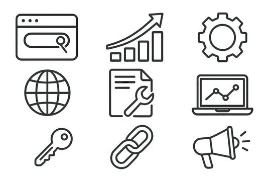 SEO icon set in thin line style. Search engine optimization concept. Web marketing, analytics, keyword research, link building, traffic growth vector illustrations. Isolated on white.
