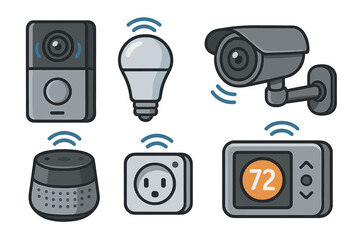Smart home device icon set. IoT technology for home automation and security. Vector collection with camera, thermostat, speaker, lightbulb, plug, doorbell. Internet of Things concept.