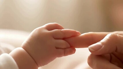 Macro close-up of a baby’s delicate hand reaching out and holding a parent’s finger, representing connection, care, and affection in early childhood.