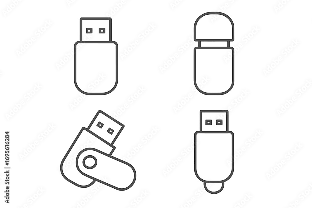Poster usb flash drive line icon set. minimalist vector graphic of pen drive, memory stick. portable digita