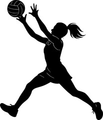 Minimal black and white vector silhouette of a netball player intercepting a pass, simple sports illustration for posters, prints, and graphic design