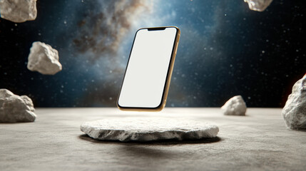 Floating smartphone in zero gravity with asteroids in space, showcasing futuristic design