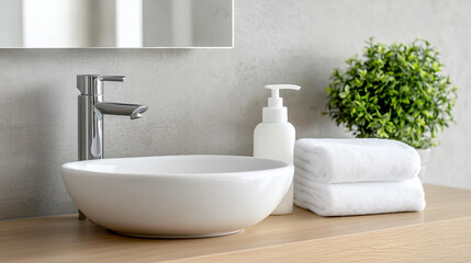 Fototapeta premium Modern bathroom sink with soap dispenser, towels, and plant