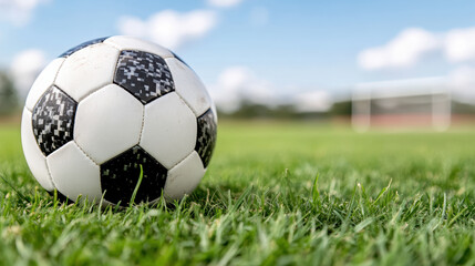 Fototapeta premium Close up of soccer ball grass field with goal background, evoking excitement and playfulness