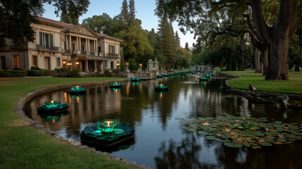 Obraz premium Elegant Mansion Gardens with Floating Luminous Lotus Lights on a Pond