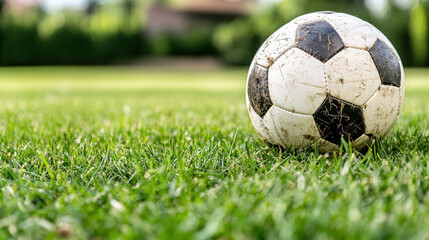 Fototapeta premium Close up of soccer ball on green grass, showcasing wear and tear, evoking sense of playfulness