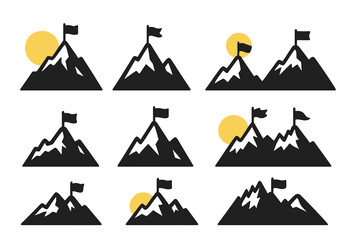 Mountain peak with flag icon set. Success, mission, or goal achievement metaphor. Leadership symbol. Victory on top of a rock. Climbing logo collection. Sun and snow elements.