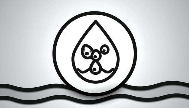 A stylized drop within a circle against a white and gray background, featuring small, round shapes inside the drop. Below, two curved black lines suggest water. The design is minimalistic