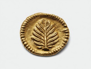 Ancient gold coin featuring a detailed leaf design, surrounded by a dotted border, displayed on a plain white background