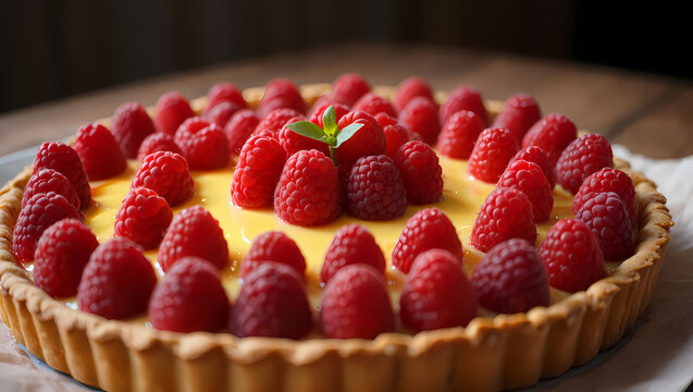 Delicious raspberry tart with custard filling and mint garnish on a wooden table, a delightful dessert for any occasion and a sweet treat