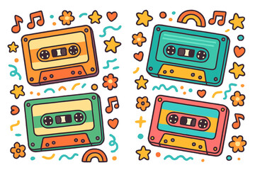 Retro cassette tapes colorful doodle set. Vector cartoon illustration of 80s and 90s music audio tapes. Vintage pop culture nostalgia concept. Cute playful sticker pack design.