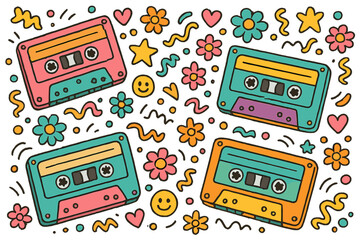 Retro cassette tapes seamless pattern. Groovy 90s nostalgia background. Vintage audio music concept. Hand drawn doodle cartoon vector illustration with flowers and smileys.