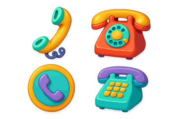Retro phone icons set. 3D cartoon vintage telephones. Colorful glossy plastic designs for communication projects. Vector collection with rotary and push-button phones.