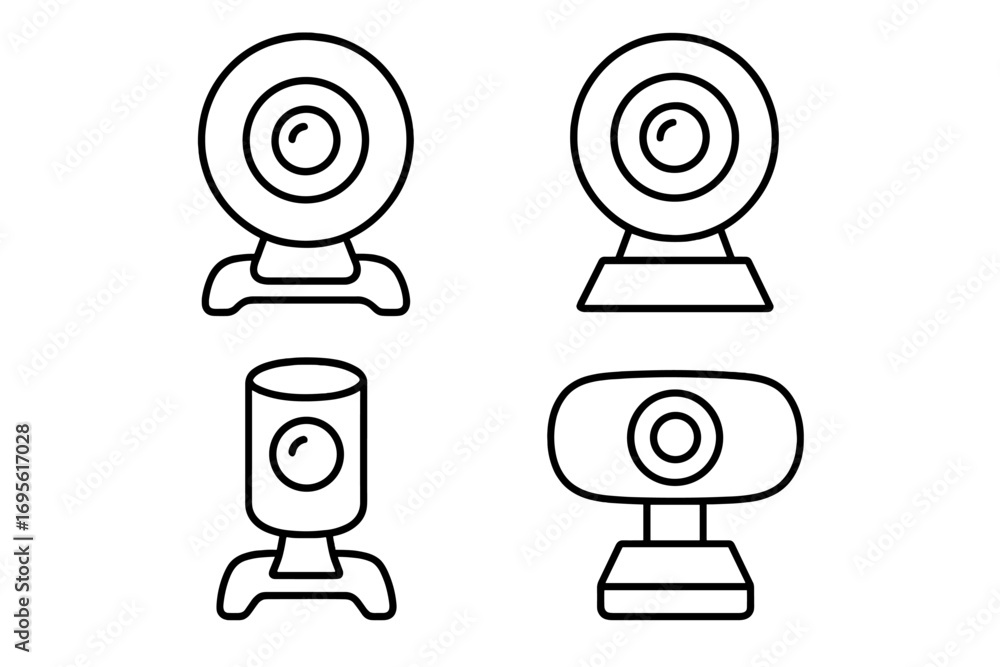 Poster webcam line art icon set for technology and communication. vector collection of web camera designs f