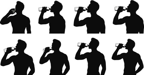 Silhouette of young man drinking water from bottle, healthy lifestyle, hydration concept, fitness model, refreshing drink, wellness, health care