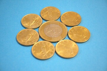 Hungarian forint coins arranged in a floral shape on a blue background, concept image.