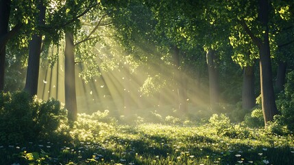 Obraz premium Sunlit Forest: A Serene Spring Landscape Painting