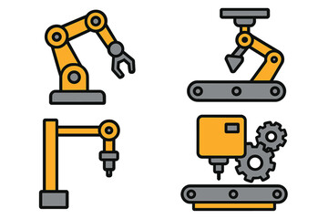 Robotic arm icon set for automation and industry. Vector illustration of manufacturing machinery, conveyor belts, and factory assembly line technology for mass production.